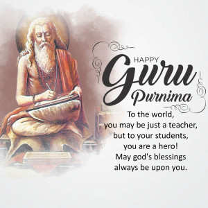 Guru Purnima greeting with a portrait of a Guru and inspirational message.