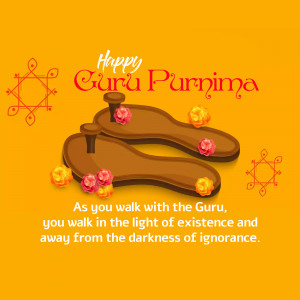 Happy Guru Purnima greeting with Guru's Paduka and floral decorations