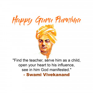 Image depicting Happy Guru Purnima with a portrait of Swami Vivekananda and a quote.