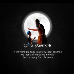 A silhouette of a Guru and disciple against a full moon with Guru Purnima text.