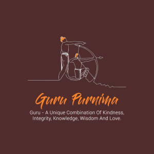 Line art illustration depicting a Guru and disciple with text 'Guru Purnima'