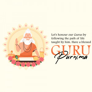 Guru Purnima illustration with a Guru and floral decorations