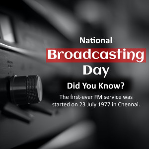 Image commemorating National Broadcasting Day with a vintage radio and text about the first FM service.