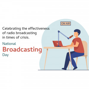 Illustration of a man broadcasting on a laptop with a microphone, celebrating National Broadcasting Day.