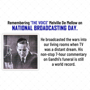 Black and white portrait of Melville De Mellow, a radio broadcaster, with text commemorating National Broadcasting Day.