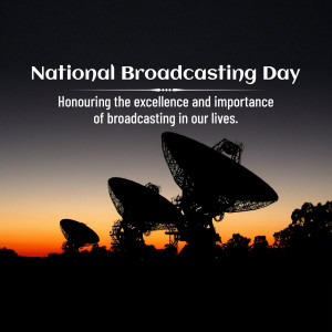 Silhouette of satellite dishes against a sunset sky with text 'National Broadcasting Day'