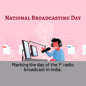 Illustration commemorating National Broadcasting Day with a radio wave, microphone, laptop, and person with headphones.