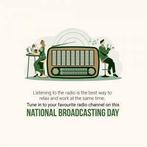 Illustration of people listening to the radio with a vintage radio in the foreground and text celebrating National Broadcasting Day.