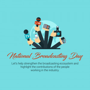 Illustration of hands holding various broadcasting equipment with text 'National Broadcasting Day'