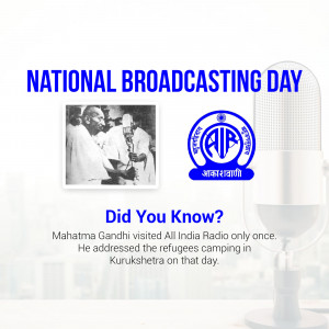Image commemorating National Broadcasting Day with Mahatma Gandhi and a vintage microphone.