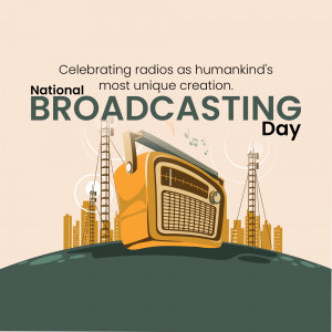 Illustration of a vintage radio with city skyline and radio towers, celebrating National Broadcasting Day.
