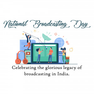 Illustration celebrating National Broadcasting Day in India with people working with broadcasting equipment.