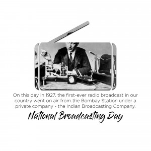 Black and white image of the first radio broadcast in India with text commemorating the event.