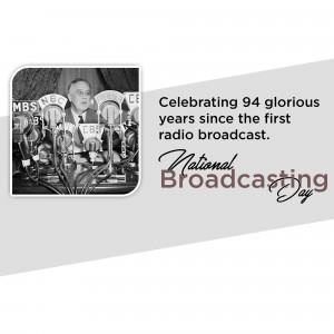 Black and white image of a man speaking into microphones with text celebrating 94 years of radio broadcasting.