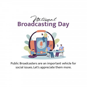 Illustration for National Broadcasting Day featuring headphones, a microphone, and people working in a broadcasting studio.