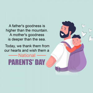 Illustration of a father carrying his son on his shoulders with a heartfelt message for Parents' Day.