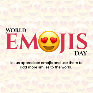World Emojis Day graphic with smiling face emoji and hearts