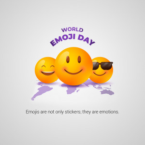 Three smiling emoji faces with a world map background celebrating World Emoji Day