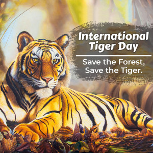 A majestic tiger lying down with text overlay 'International Tiger Day - Save the Forest, Save the Tiger.'