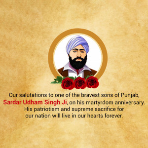 Portrait of Sardar Udham Singh Ji with roses and a tribute message.