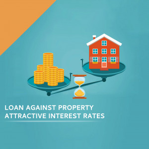 Illustration of a balance scale with gold coins on one side and a house on the other, representing a loan against property.