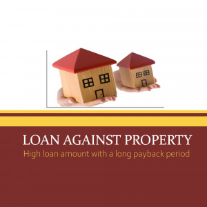 Hand holding wooden house models with text 'Loan Against Property'