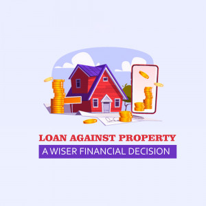 Illustration of a house with stacks of coins and a smartphone displaying coins, representing a loan against property.