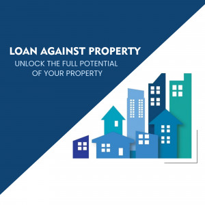 Image depicting loan against property with houses and text.