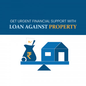 Illustration depicting loan against property with a bag of money balancing with a house.