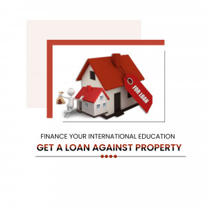 Illustration of a house with a 'For Loan' tag and a person with money, promoting loans against property for education.