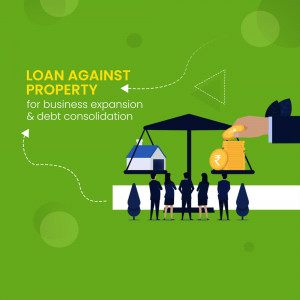 Illustration of a loan against property concept with a house and money on a balance scale.