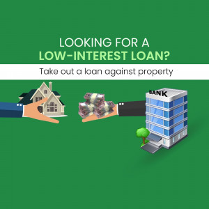 Illustration of a hand offering money and a house to a bank, promoting low-interest loans.