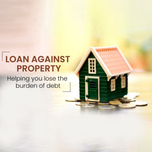 Miniature house on a pile of coins with text 'Loan Against Property'