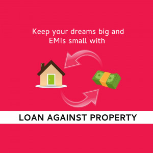 Image depicting a house and money with arrows, promoting loans against property.