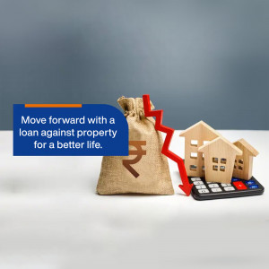 Image depicting a loan against property with a house model, money bag, and calculator.