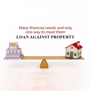 Illustration of a scale balancing stacks of money and a house, representing a loan against property.