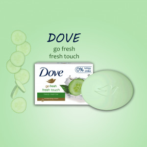 Dove Go Fresh soap with cucumber slices and green tea leaves