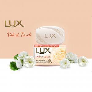 Lux Velvet Touch soap with jasmine flowers and packaging
