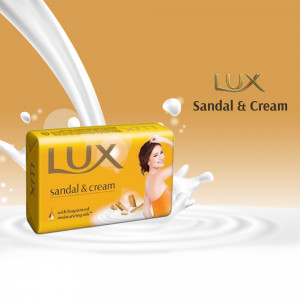 Lux Sandal & Cream soap with milk splash and woman's image