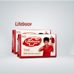 Three bars of Lifebuoy Total soap with family image on packaging