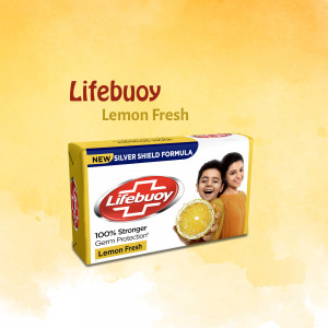 Close-up of a Lifebuoy Lemon Fresh soap bar with packaging details.
