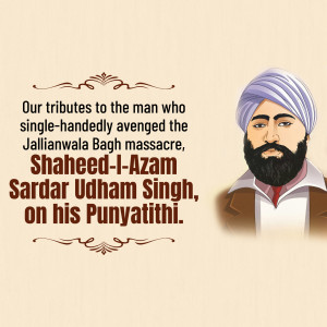 Portrait of Shaheed-I-Azam Sardar Udham Singh with tribute text
