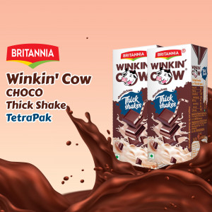 Britannia Winkin' Cow Choco Thick Shake TetraPak with chocolate splash