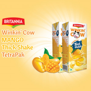 Britannia Winkin' Cow Mango Thick Shake TetraPak packaging with mangoes