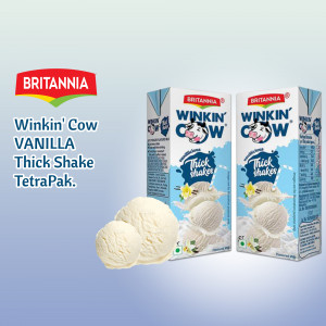 Two cartons of Britannia Winkin' Cow Vanilla Thick Shake TetraPak with ice cream scoops.
