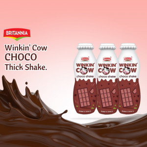 Three bottles of Britannia Winkin' Cow Choco Thick Shake with chocolate splash