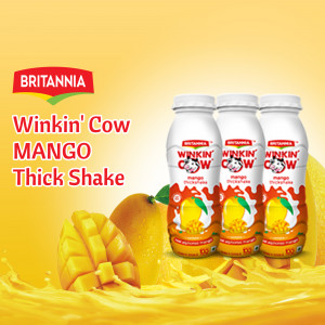 Three bottles of Britannia Winkin' Cow Mango Thick Shake with mangoes