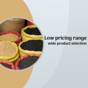 Sacks of spices with text 'Low pricing wide product selection'