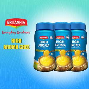 Four jars of Britannia High Aroma Ghee displayed against a blue gradient background.