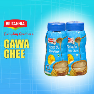 Two bottles of Britannia Gawa Ghee against a blue background.